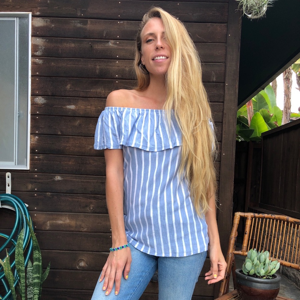 Old Navy blue striped top off/on shoulders size S